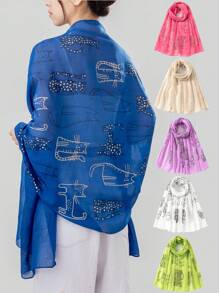 1 Miếng Dễ thương Mèo In Động vật Của phụ nữ Thanh lịch Mềm mại Khăn quàng cổ , Kem chống nắng , Ngày lễ Khăn choàng - A - Xem 1