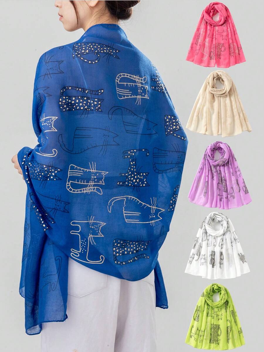 1 Miếng Dễ thương Mèo In Động vật Của phụ nữ Thanh lịch Mềm mại Khăn quàng cổ , Kem chống nắng , Ngày lễ Khăn choàng - A - Xem 1