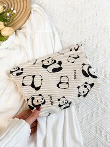 Beige Cute Panda Pattern Corduroy Makeup Bags Clutch Bag Cosmetic Bag Toiletry Bag Fabric Comfortable Large Capacity Portable Travel Storage Bag With Zipper Wash Bag Dormitory Essential Toiletry Bag For Makeup Tools Girl's Gift Holiday Essentials Back To School Essentials Makeup Organizer Make Up Organizer Makeup Storage Makeup Pouch Make Up Pouch