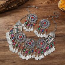 1PC Thời Trang Vintage Nhiều Lớp Rỗng Hình Học Đồng Xu Tua Rua Vòng Cổ, Bao Gồm 2 Bông Tai Dành Cho Nữ - Loại bướm - Xem 12