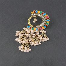 1pair Peacock Feather Dangle Earrings With Multi-Color Pearls & Half Moon Shaped Design; Style Vintage Bell Shaped Women's Earrings