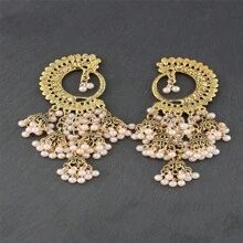 1pair Peacock Feather Dangle Earrings With Multi-Color Pearls & Half Moon Shaped Design; Style Vintage Bell Shaped Women's Earrings