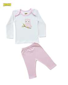 Conjunto De Camiseta Manga Larga Con Bordado de Búho y Pantalón Liso Color Rosa - Multicolor - Ver 1