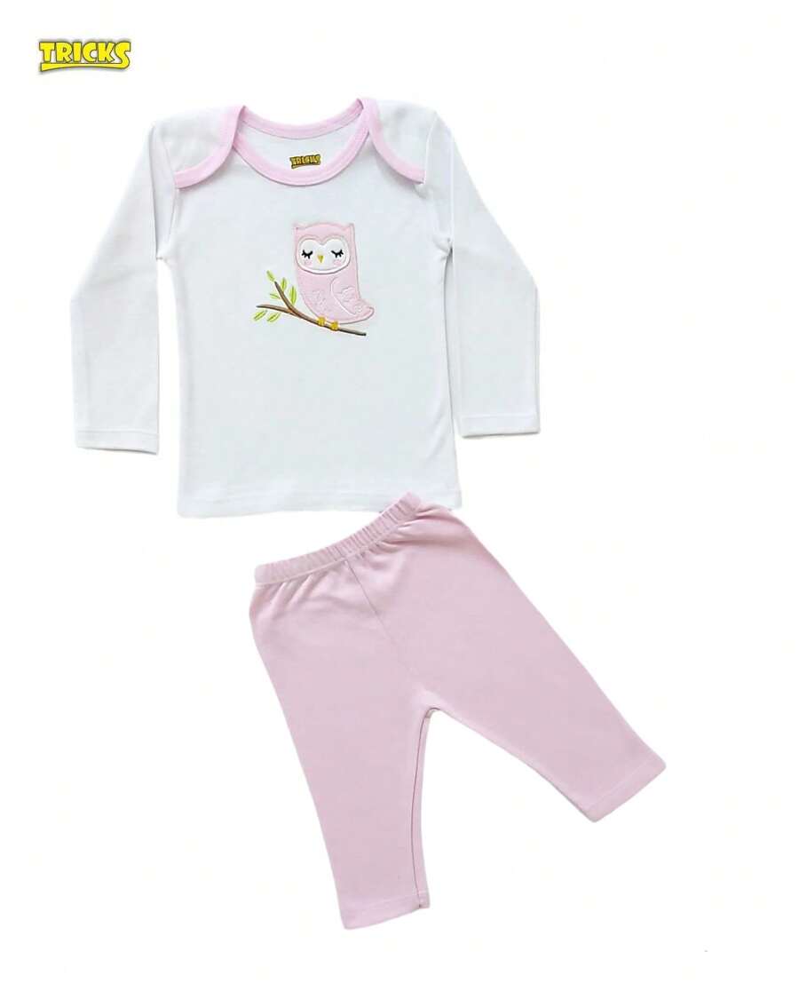 Conjunto De Camiseta Manga Larga Con Bordado de Búho y Pantalón Liso Color Rosa - Multicolor - Ver 1