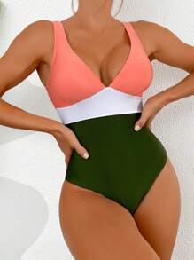 新款女士泳衣性感拼色比基尼連體泳裝，適合海灘度假和游泳 - 彩色 - 查看 1