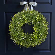 1pc Artificial Flower Wreath, 6 Options: Milan Grass, Boxwood, Seed Head Grass With Wildflowers, Yellow Boxwood, Lavender, Boxwood With Wildflowers. Green Decoration For Spring And Summer. Customizable By Factory. Suitable For Dorm Room, Office, Back To School Season, Outdoor Parties, Festivals, Birthday Parties, Christmas, Halloween, And Thanksgiving Decorations For Home, Hotel, Restaurant, Living Room, Bedroom, Wedding, Banquet Hall, Kitchen And Garden. - Green - View 7