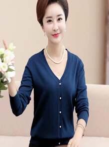 Casaco Cardigan Feminino Suéter trico com Botões - Azul Marinho - Visão 1