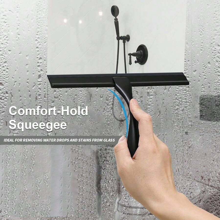 1PC Black Handheld Shower Squeegee With Hook, For Glass Window Bathroom Water Removal Scraper - Black - View 1