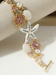 1入組異國情調海濱風格海洋海星＆珊瑚形合金＆鑽石＆貝殼手鍊，適合女性日常穿戴和旅遊 - 手鍊 - 查看 6