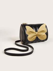 1pc Girls' Zipper Closure Quilted Butterfly Chain Crossbody Bag, Suitable For Daily Outings - Black - View 5