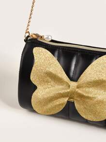 1pc Girls' Zipper Closure Quilted Butterfly Chain Crossbody Bag, Suitable For Daily Outings - Black - View 7