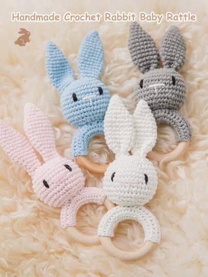 1pc Handmade Crochet Bunny With Pointy Ears & Teething Wood Ring, Baby Chewing Teething Gift