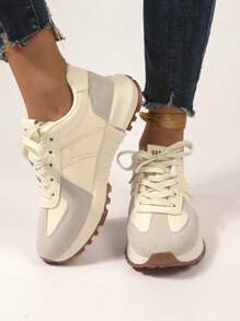 Vintage Oatmeal-Toned Training Shoes With Casual And Soft Design, Women's Sneakers, Convenient And Suitable For Running Or Walking - Beige - View 3