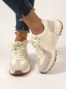 Vintage Oatmeal-Toned Training Shoes With Casual And Soft Design, Women's Sneakers, Convenient And Suitable For Running Or Walking - Beige - View 2
