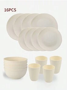 16pcs Unbreakable Reusable Pp Plastic Dinnerware Set, Including Plates, Bowls, Cups For 4 People, Suitable For Home Use And Outdoor Picnic - White - View 3