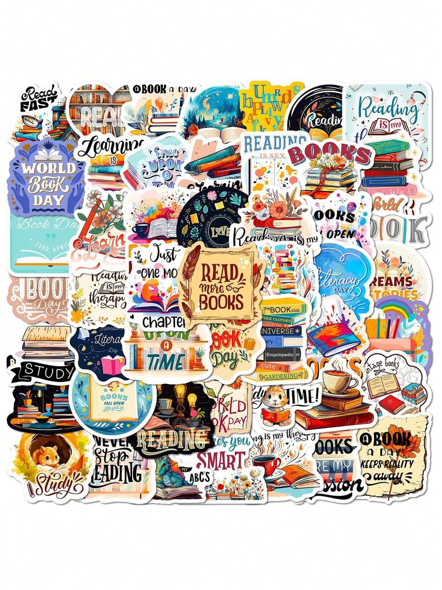 50 Sheets Reading Themed Stickers For Notebook, Phone Cover Decoration - Multicolor - View 1