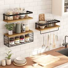 Repisa de madera en la pared, Set de 3 estantes flotantes montados con cesta de alambre y toallero para baño, cocina, dormitorio - Marrón - Ver 2