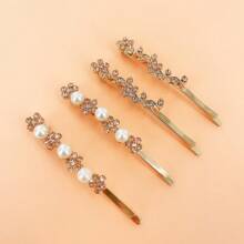 1pc Gold-Color Metal Crystal Rhinestone Leaf Hair Clip, High-Quality Pearl Flower Side Bangs Hairpin, Elegant And Charming Accessory - Black and White - View 4