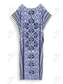 Celadon Print Caftan Beach Dress Women Vacation - Royal Blue - View 10