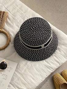 優雅的法式格紋草編桶帽適用於女性 - 時尚透氣的防曬 - 黑與白 - 查看 5