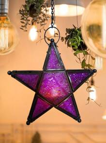 1pc European Style Vintage Windproof Colored Glass Candle Holder, Hanging Iron Art Star Glass Candle Holder With Floral Pattern (Candles Not Included), Festival Decoration Colorful Star Ornament,Home Decor ,Room Decor,Wall Decor Gifts Birthday Graduation