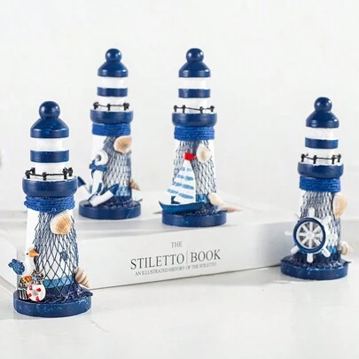 1个13厘米木制迷你灯塔，地中海风格家居装饰工艺礼品，5件套灯塔摆件套装