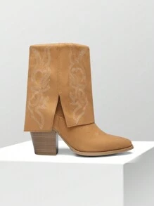 Women'S Cowboy Western Boots Pull On Fold Over Pointed Toe Chunky Heel  Embroidered Western Cowgirl Fashion Mid Calf Christmas Winter Boots - 棕色 - 查看 9