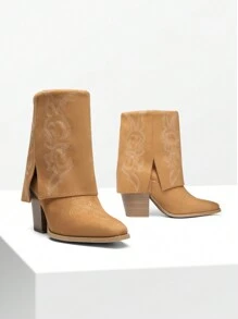 Women'S Cowboy Western Boots Pull On Fold Over Pointed Toe Chunky Heel  Embroidered Western Cowgirl Fashion Mid Calf Christmas Winter Boots - 棕色 - 查看 1