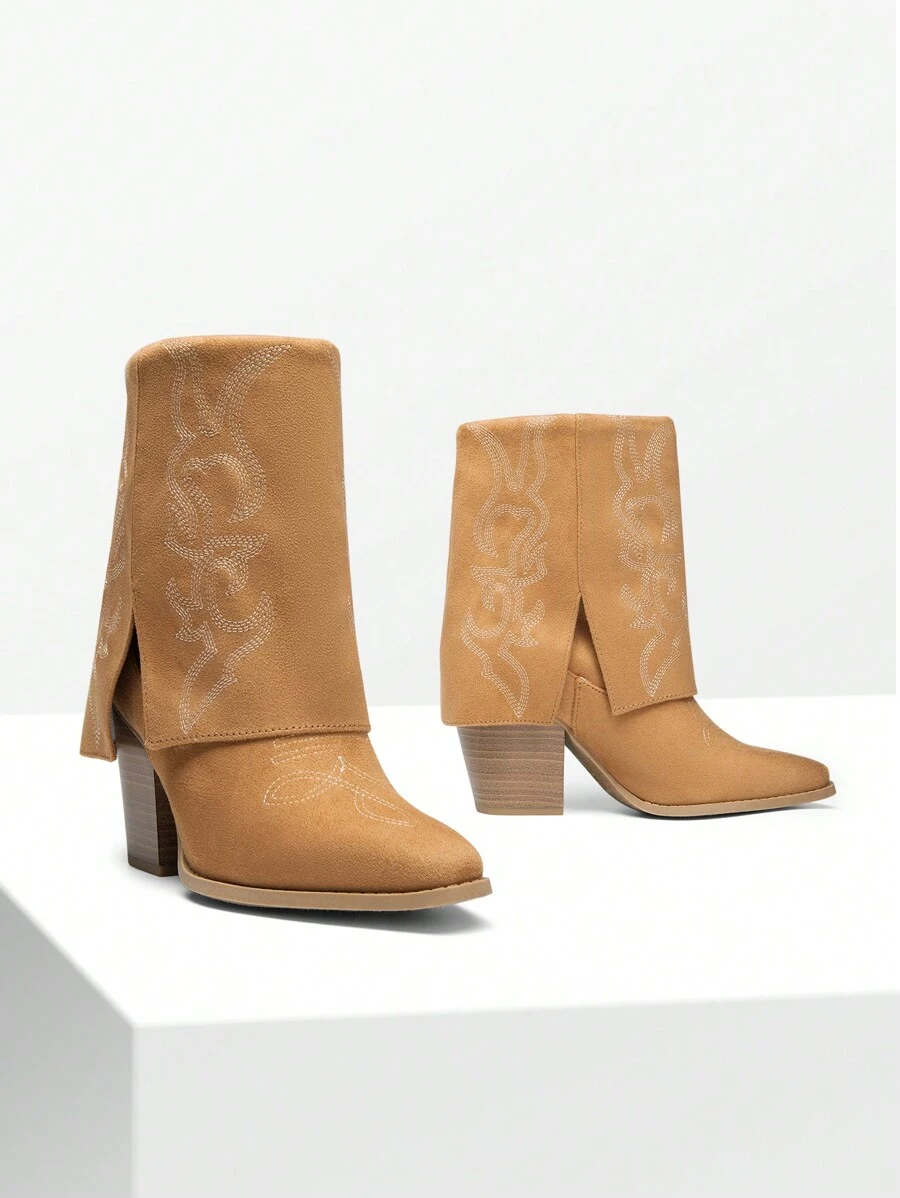 Women'S Cowboy Western Boots Pull On Fold Over Pointed Toe Chunky Heel  Embroidered Western Cowgirl Fashion Mid Calf Christmas Winter Boots - 棕色 - 查看 1