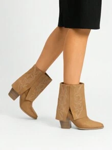 Women'S Cowboy Western Boots Pull On Fold Over Pointed Toe Chunky Heel  Embroidered Western Cowgirl Fashion Mid Calf Christmas Winter Boots - 棕色 - 查看 4