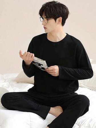 AICJ 純色2入組男士寬鬆休閒睡衣套裝，圓領套頭淺色簡約家居服，長袖長褲，適用於春/秋/冬季，是萬聖節/情人節/新年禮物的理想選擇