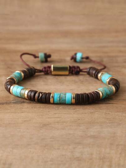 gxtbw 1pc Turquoise Coconut Shell Bracelet Natural Blue Gemstone Dainty Beaded Spiritual Healing Yoga Meditation Gift