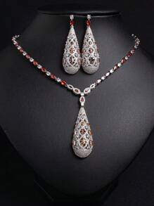 3 件/套热销水滴镂空钻石项链耳环套装适合女士订婚派对伴娘首饰套装礼物 - 白底 - 查看 3