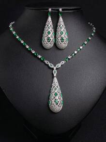 3 件/套热销水滴镂空钻石项链耳环套装适合女士订婚派对伴娘首饰套装礼物 - 白底 - 查看 2