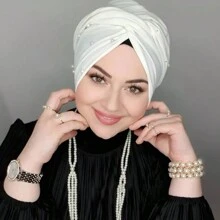1pc Solid Color Turban Hat, Solid Color Lining Turban Hat, Women Pearl Decor Headband, Suitable For Abaya Robe, Daily Lining Cap, Veil Clothing - White - View 4