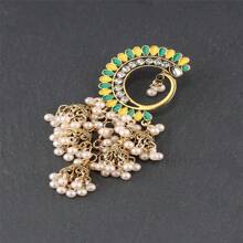 1pair Peacock Feather Dangle Earrings With Multi-Color Pearls & Half Moon Shaped Design; Style Vintage Bell Shaped Women's Earrings