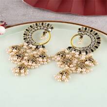 1pair Peacock Feather Dangle Earrings With Multi-Color Pearls & Half Moon Shaped Design; Style Vintage Bell Shaped Women's Earrings