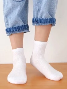 5双装儿童白色网眼透气中筒袜，男女童皆宜，适合运动、户外活动和返校穿着。 - 白色 - 查看 4
