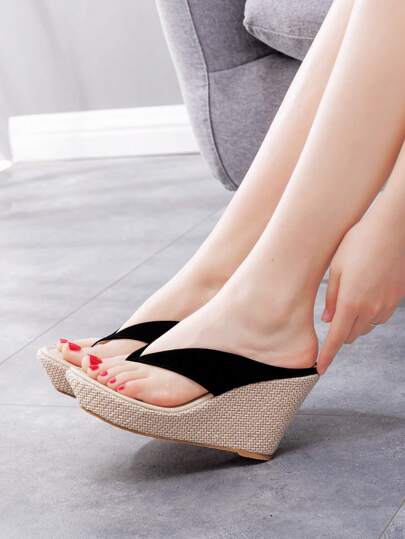 Sandal đế xuồng cao 9cm, dép đi biển kiểu Bohemian gót dày, dép xỏ ngón đế cao mùa hè, sandal thời trang thường ngày cho nữ.