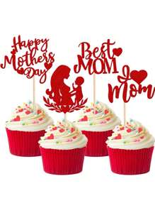 12入組「母親節快樂」蛋糕裝飾插牌，最棒的媽媽蛋糕頂部紙質蛋糕裝飾，適用於母親節派對裝飾 - 紅色 - 查看 1