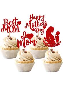12入組「母親節快樂」蛋糕裝飾插牌，最棒的媽媽蛋糕頂部紙質蛋糕裝飾，適用於母親節派對裝飾 - 紅色 - 查看 3
