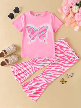 年輕女孩2件套裝休閒風格蝴蝶和動物圖案短袖針織T恤搭配喇叭褲，適用於春夏季節