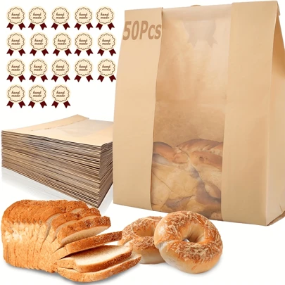 25/50 个，带有透明窗口和免费贴纸的烘焙纸袋 - 非常适合面包、吐司、羊角面包、饼干和零食包装学校用品食品袋食品盒适用于糖果巧克力饼干等。