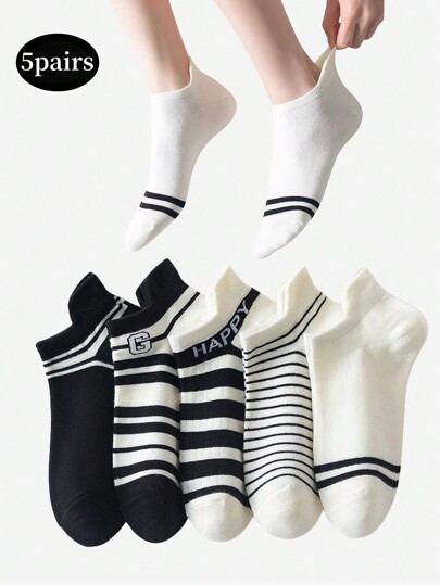 5pairs Women's Ankle Socks Girls Socks Spring Summer, Low Cut Moisture Wicking Running Socks For Students,Black And White Stripes Sports Style