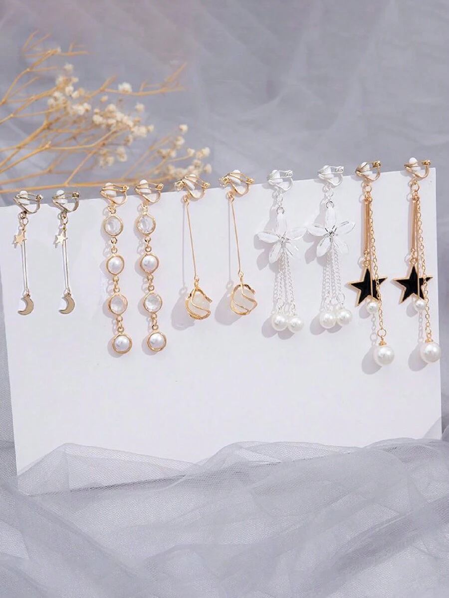 5 对时尚金属心形装饰和流苏夹式耳环适合日常佩戴，女士情人节