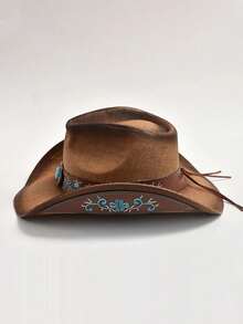 1頂男女編織草牛仔帽,新西部風格經典草製牛仔帽,寬邊遮陽帽 - 棕色 - 查看 3