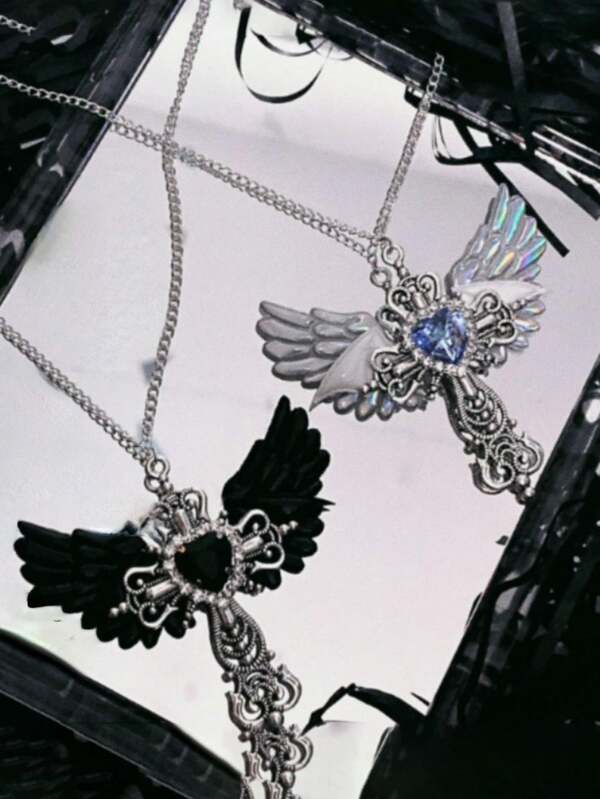1pc Metal Wing, Heart & Cross Design Necklace, Y2K Goth Style Angel Cross Pendant, Unisex Party Jewelry Gift