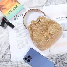 Mini Small Rhinestone Evening Party Bags For Women Sparkly Clutch Crystal Bucket Purse Wedding Purses Handbag Shoulder Bag With Detachable Chain - Gold - View 1