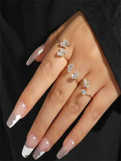 3pcs Gorgeous Style Cz Crystal Moon Butterfly Lightning Open Ring Set For Women, Daily Wear & Casual Party