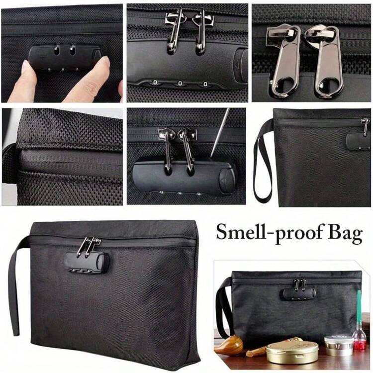 8 Pieces Smell Proof  Pouch With Combination Lock Aluminum Stash Jar Rolling Tray Travel Kit - Black - View 4